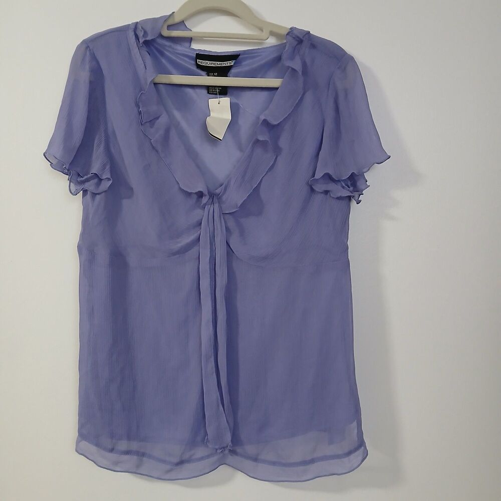 Requirements Womens Purple V Neck Ruffled Short Sleeves Tie Chiffon Blouse 12 - Picture 3 of 8